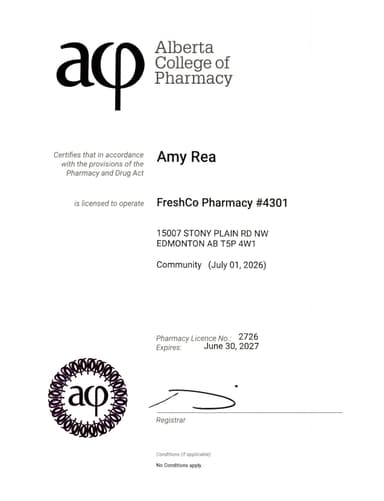Pharmacy Alberta Certificate