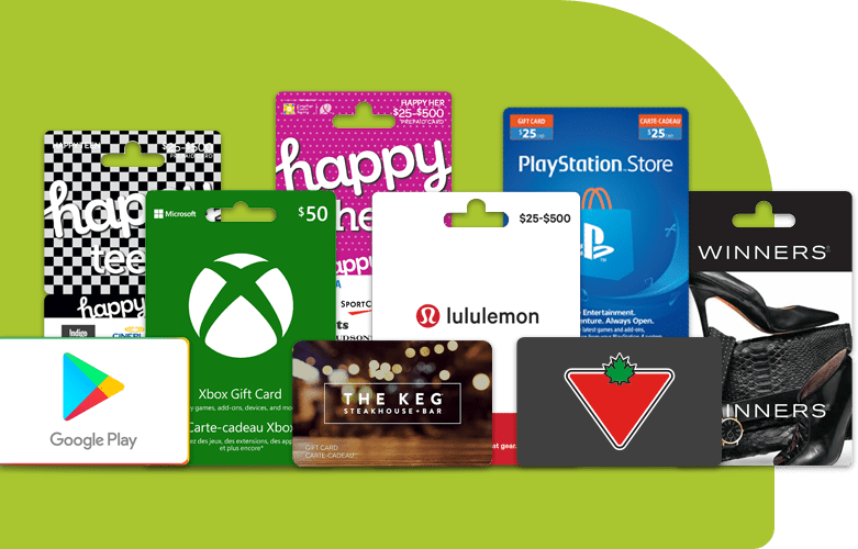 Various giftcards including Google Play, Xbox, The Keg, and Winners