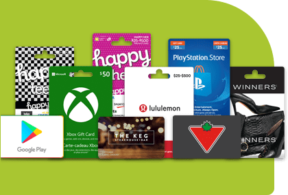 Various giftcards including Google Play, Xbox, The Keg, and Winners