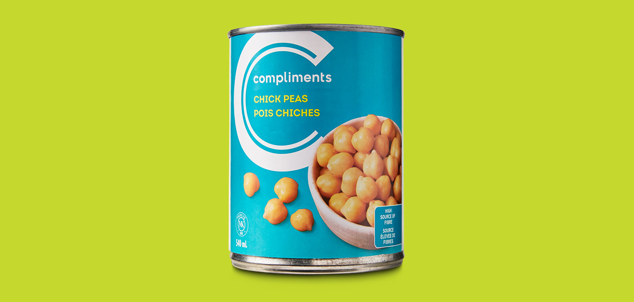 A picture of Compliments chick peas pois chichis jar. This spread is a high source of fibre and great for your health.