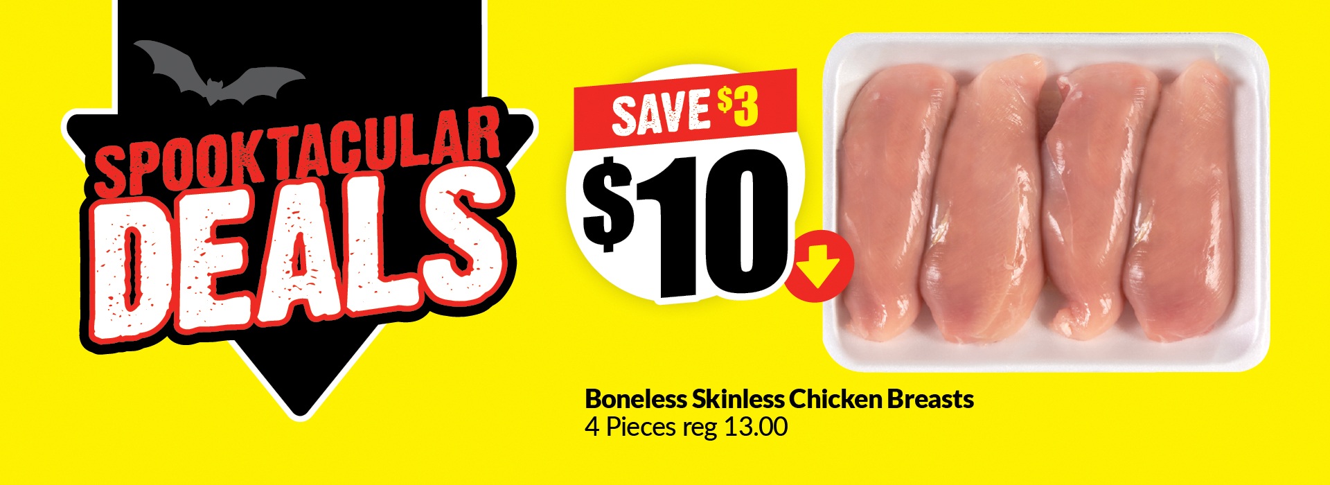 This banner test reads, "Spooktacular deal: Boneless skinless chicken breasts, 4 Pieces, regular price $13.00. Get them for just $10 and save up to $3."