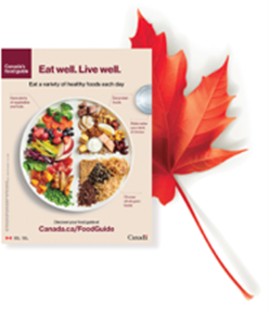 Cover of Canada’s Food Guide, a reference Canadians can use to make healthy food choices, with maple leaf behind it