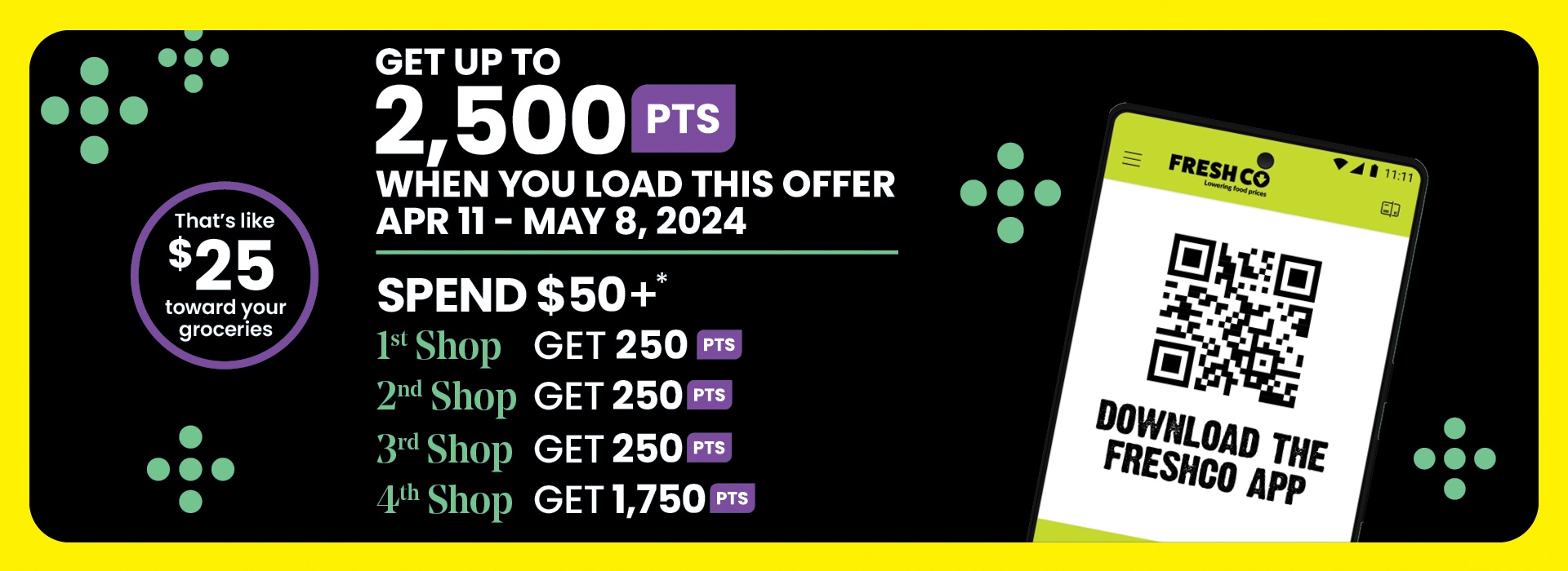 The following image contains the text, "Get up to 2,500 PTS when you load this offer Apr 11-May 8, 2024. Spend $50+*. 1st Shop Get 250 PTS, 2nd Shop Get 250 PTS, 3rd Shop Get 250 PTS, 4th Shop Get 1,750 PTS. That's like $25 toward your groceries."