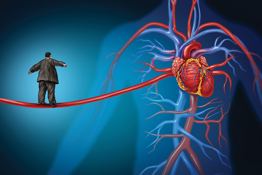 Illustration of man walking tightrope of artery to heart