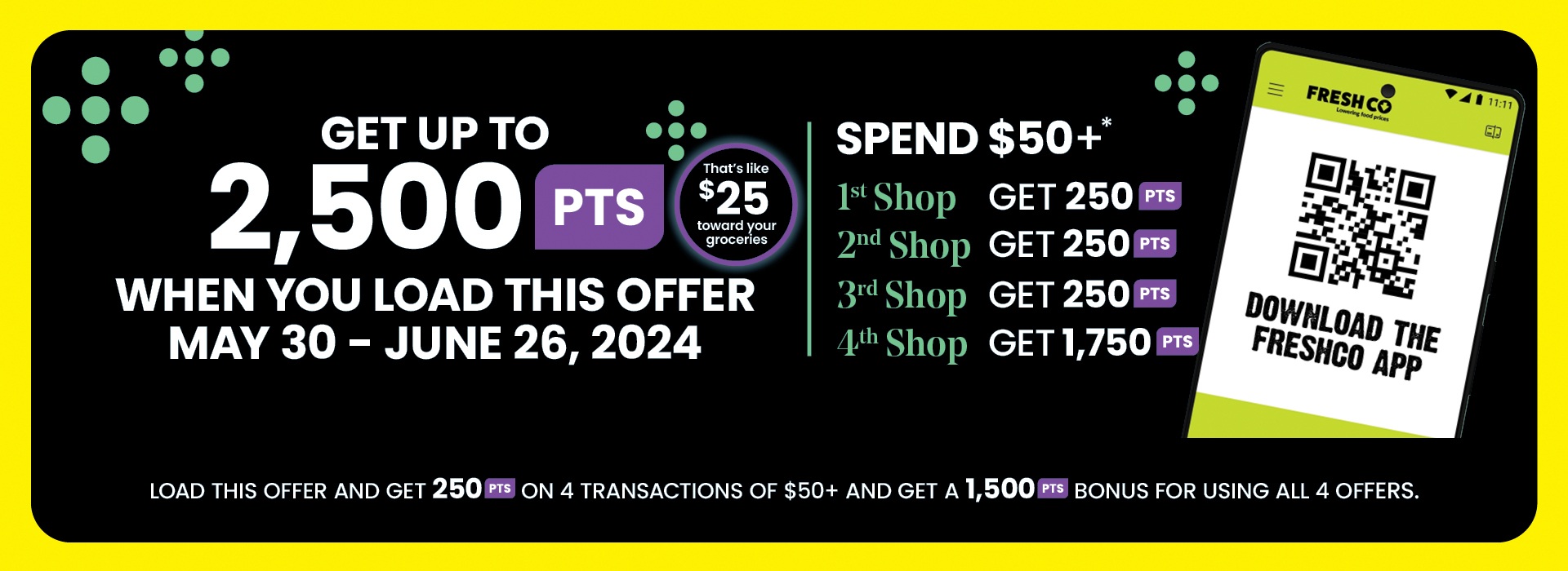 The following image contains the text, "Get up to 2,500 Points when you load this offer May 30 - June 26, 2024. Spend $50+*. 1st Shop Get 250 Points, 2nd Shop Get 250 Points, 3rd Shop Get 250 Points, 4th Shop Get 1,750 Points. That's like $25 toward your groceries."