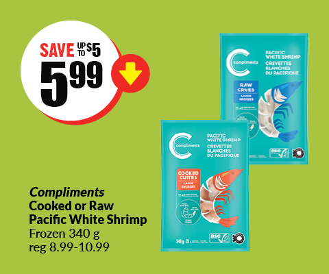 Compliments cooked or raw pacific white shrimp