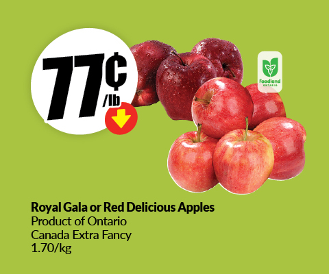 This banner test reads, "Royal Gala or Red Delicious apple products Canada Extra Fancy 1.70/kg. Get them at just 77 cents/lb."