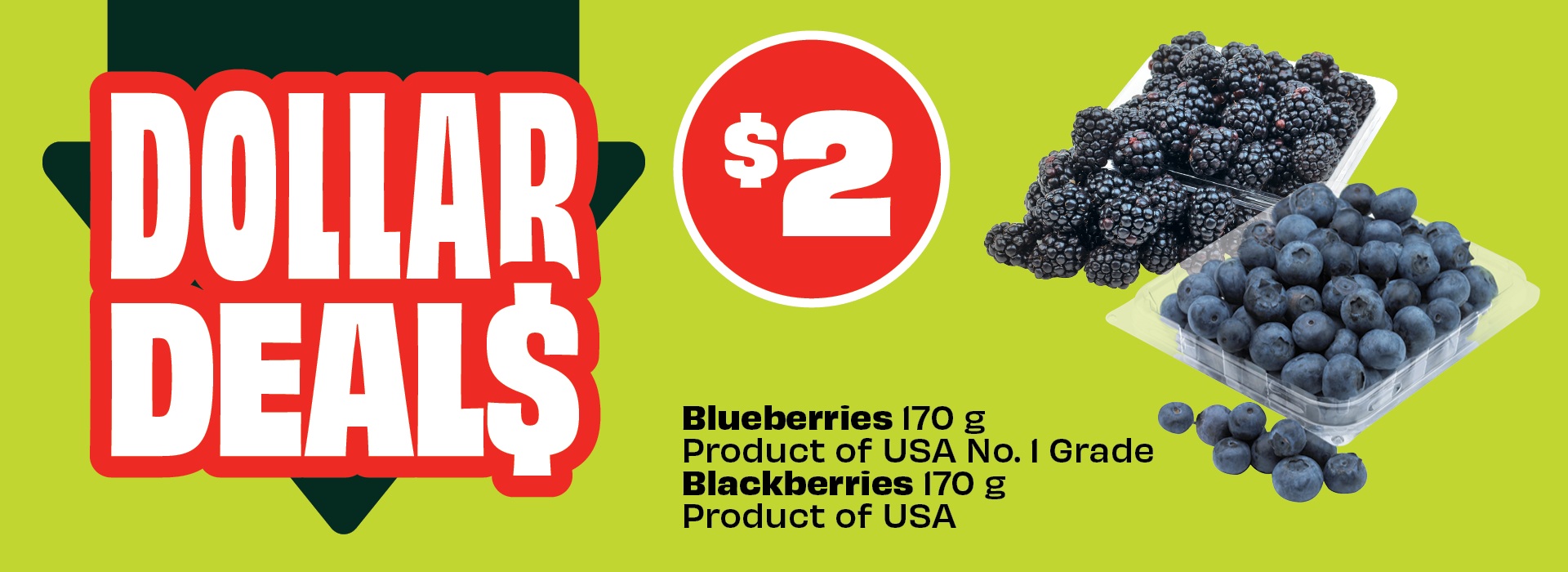 Text reading: "Dollar Deals. Blueberries 170 g, Product of USA No. 1 Grade, Blackberries, 170 g, Product of USA. Priced at $2."
