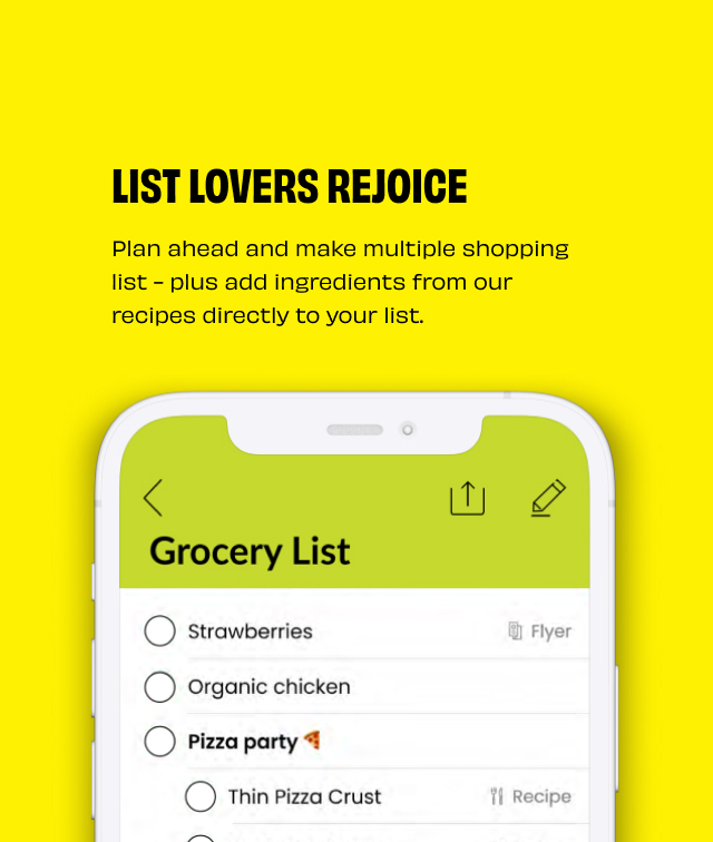 Text Reading â€˜List Lovers Rejoice. Plan ahead and make multiple shopping lists - plus add ingredients from our recipes directly to your list.â€™