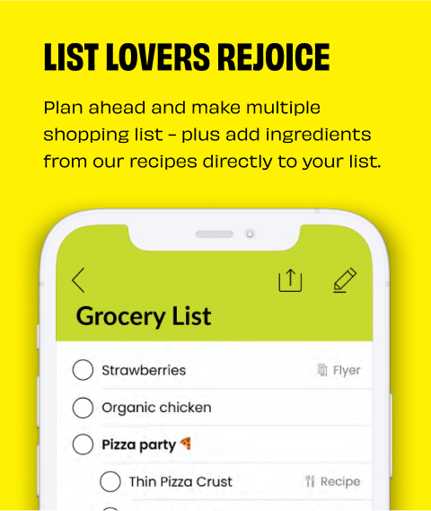 Text Reading â€˜List Lovers Rejoice. Plan ahead and make multiple shopping lists - plus add ingredients from our recipes directly to your list.â€™