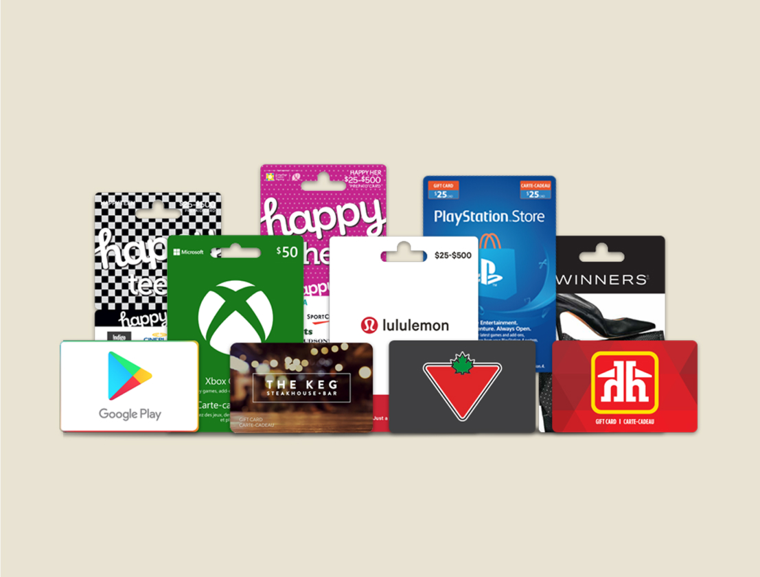 A picture displaying several gift cards.