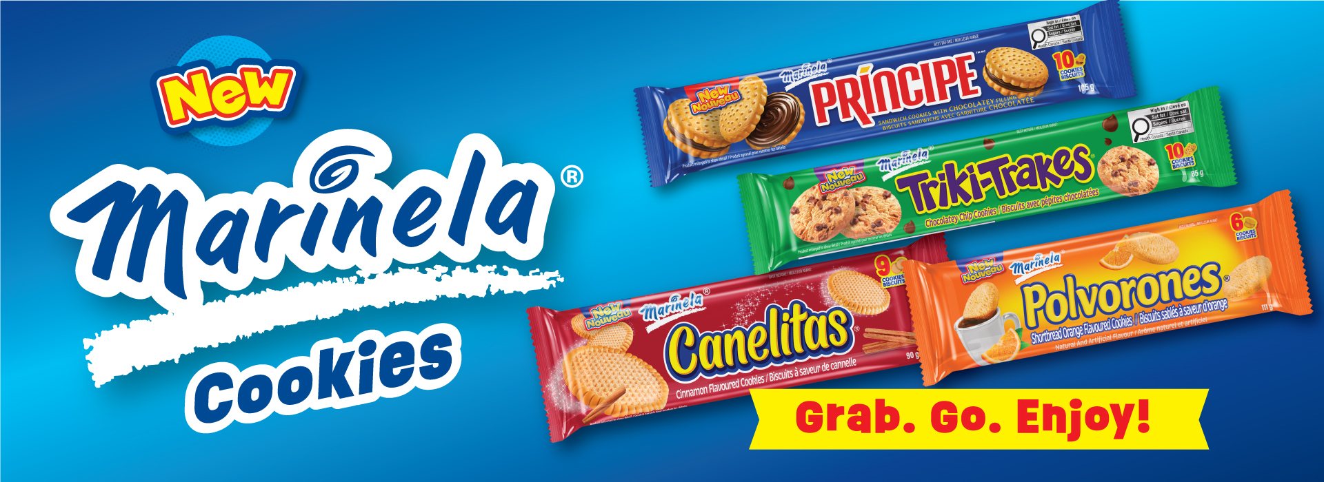 new_marinela-cookies The left side of the image has the logo and the right side has four packages of cookies with a slogan underneath.