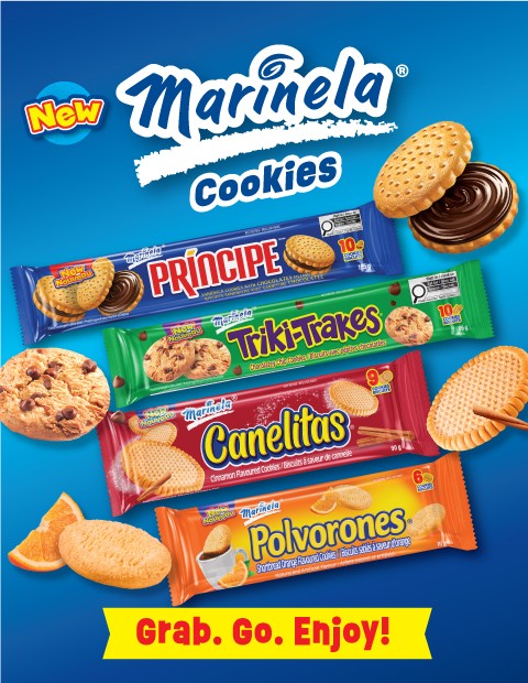 new_marinela__cookies The left side of the image has the logo and the right side has four packages of cookies with a slogan underneath.