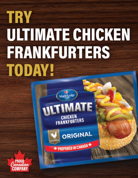 A grilled hot dog topped with ketchup and mustard on the left, and a package of the product on the right with bold text reading â€œTRY ULTIMATE CHICKEN FRANKFURTERS TODAY!â€ on a dark wooden background.