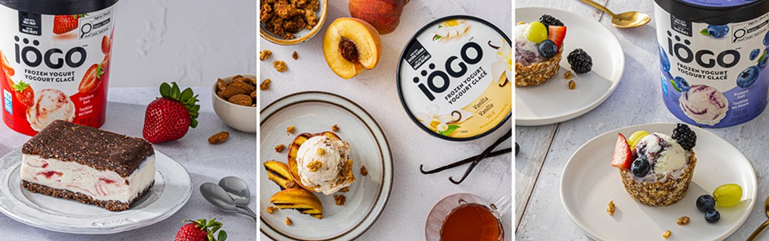 IOGO frozen yogurt in three servings: bar, scoop with fruit, and granola cup with berries.