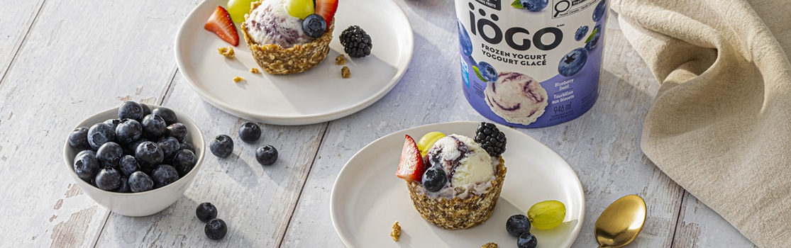 Two plates each hold a single iÖGO Blueberry Swirl Frozen Yogurt Mini Granola Tart, with a small bowl of fresh blueberries nearby.