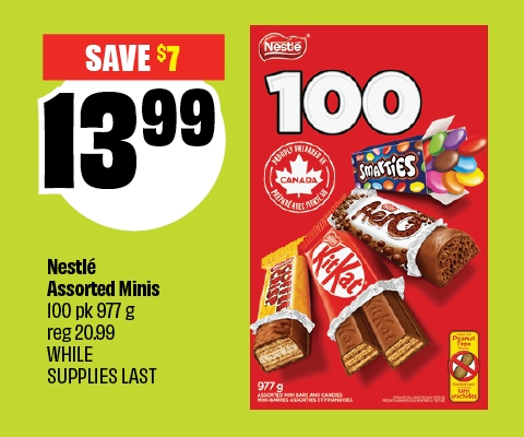 NestlÃ© Assorted Minis 100 pack 977 g. Regular price 20.99 now priced at 13.99. Save $7. While supplies last. Includes Smarties, KitKat, Coffee Crisp, Aero minis. Product of Canada.