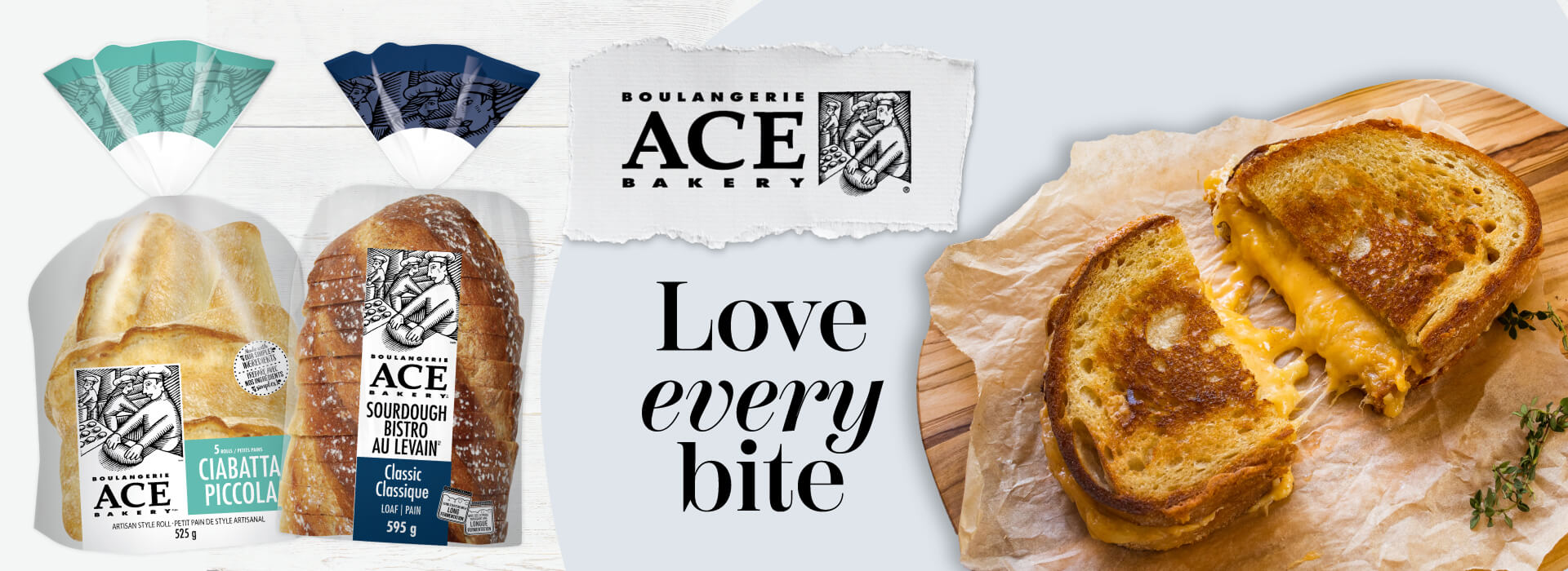 boulangerie-ace-bakery-love-every-bite The promotional banner showcases two ACE Bakery sourdough bistro loaves products with a text stating Love every bite